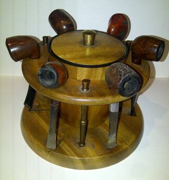 Solid Oak Pipe Stand with Tobacco Holder & Six Old Pipes