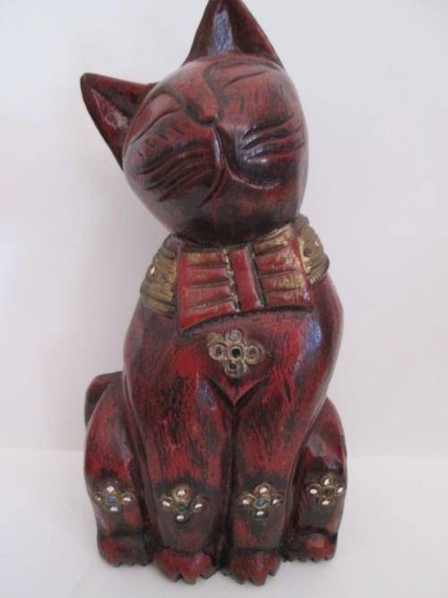 Nice Size Wooden Carved Cat with a Bit of Bling