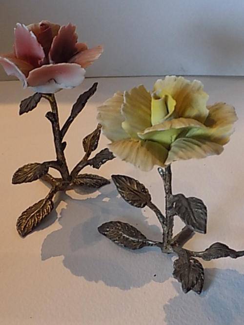Two Standing Metal Stems with Hardened Porcelain Roses