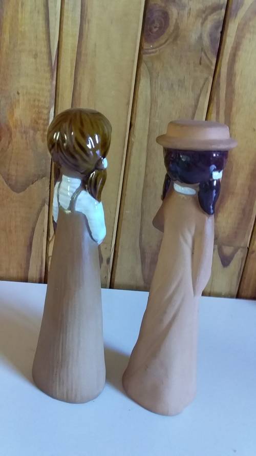 Set of Old Partially Glazed Clay Girl Figurines