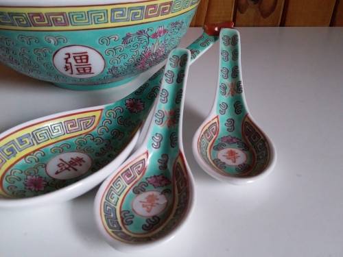Five Piece Chinese Set - Large Bowl. Small Bowl. Three Spoons