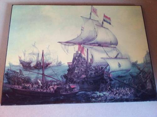 High Definition Print on Board of Ancient Galleons at War