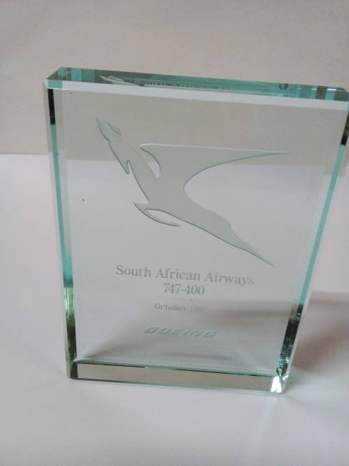 Solid Glass Paperweight/Stand Endorsed Inside SAA Boeing