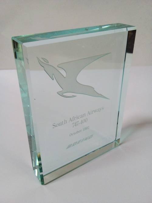 Solid Glass Paperweight/Stand Endorsed Inside SAA Boeing