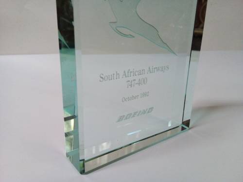 Solid Glass Paperweight/Stand Endorsed Inside SAA Boeing