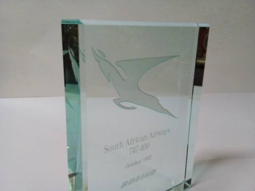 Solid Glass Paperweight/Stand Endorsed Inside SAA Boeing
