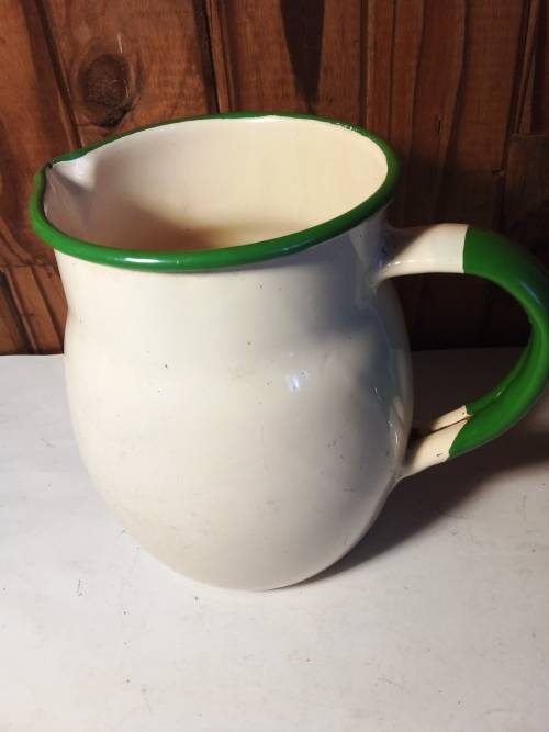 Old Enamelware Cream & Green Jug