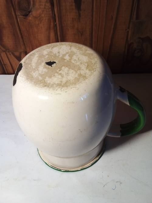 Old Enamelware Cream & Green Jug