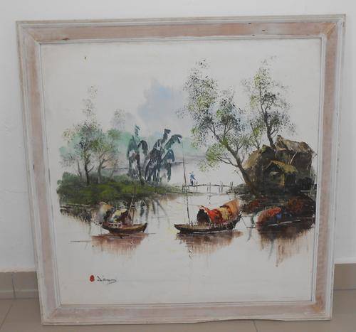 Oil on Board Original Painting Chinese Village Scene #2