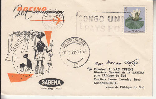Belgium Congo flight cover to SA as scanned
