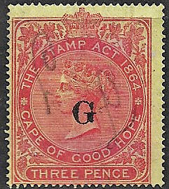 Griqualand West Cape of Good Hope 3d revenue overprinted G fine used