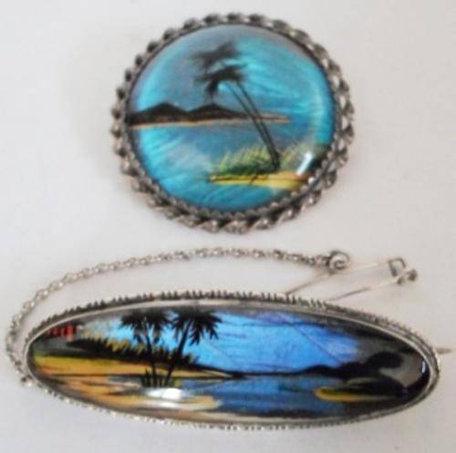 2 x LARGE VINTAGE STERLING SILVER REVERSE PAINTED BUTTERLY WING BROOCHES