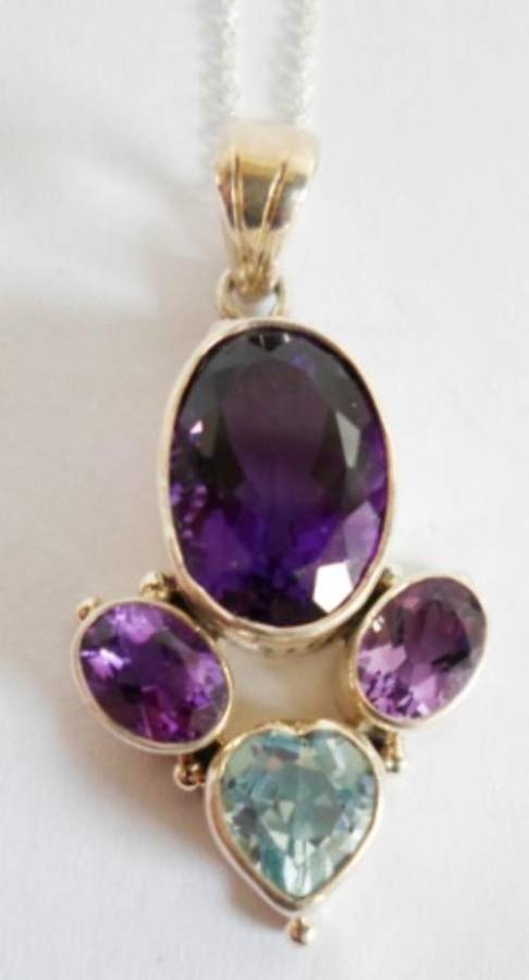 SPECTACULAR!! LARGE STERLING SILVER AMETHYST & BLUE TOPAZ PENDANT WITH 925 CHAIN