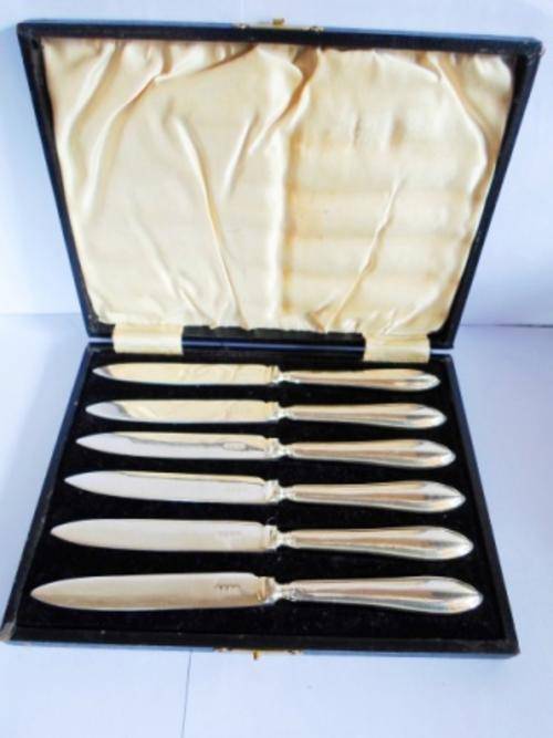LOVELY!! ART DECO 1928 BIRMINGHAM SILVER HANDLED FRUIT KNIFE SET