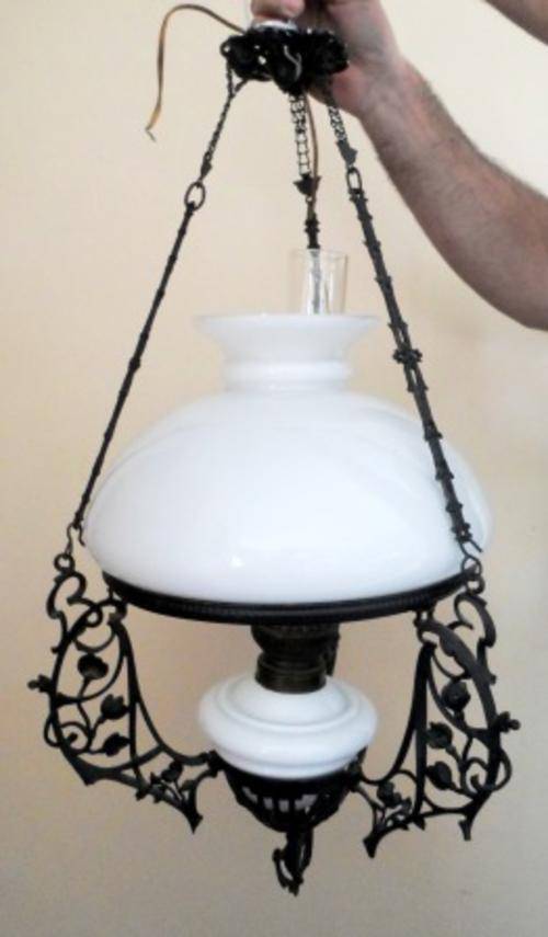 BEAUTIFUL!! ART NOUVEAU CAST IRON CEILING OIL LAMP CONVERTED FOR ELECTRICITY