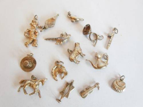 WOW!! COLLECTION OF 14 LARGE VINTAGE STERLING SILVER CHARMS 36.1gr INCL POPEYE