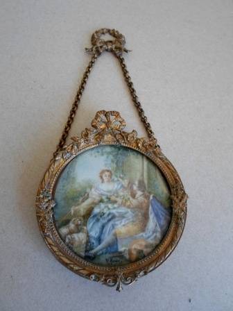 WOW!! EXQUISITE!! ORNATE VICTORIAN GILT BRONZE FRAME WITH SIGNED MINIATURE PAINTING, CIRCA 1890's