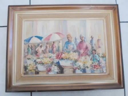 WOW! MARJORIE WEST "FLOWER SELLERS" OIL ON BOARD 450 X 300mm STUNNING PAINTING WOW!!