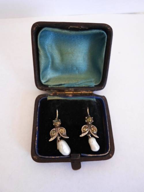MAGNIFICENT!! GEORGIAN STERLING SILVER PEARL & PASTE EARRINGS CIRCA 1820's   2,9g  WOW!!