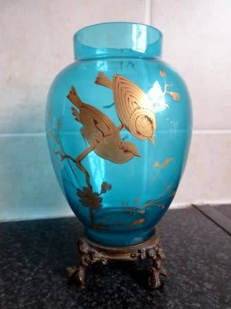 STUNNING!! VICTORIAN BLUE GLASS VASE WITH GILT BRONZE BASE CIRCA 1890's WOW!!!