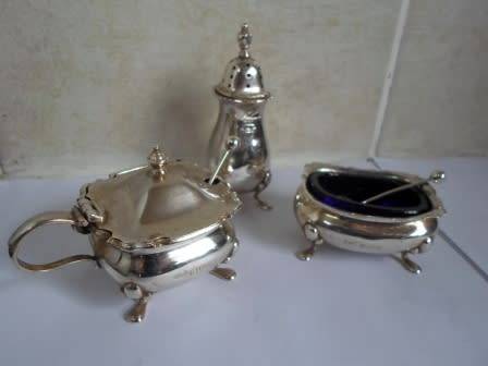 1922, 1923 BIRMINGHAM & 1936 CHESTER SILVER ASSEMBLED CRUET SET 106,3g  STUNNING!! WOW!!