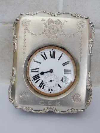 MAGNIFICENT! 1907 BIRMINGHAM SILVER FRAMED LARGE POCKET WATCH TRAVELLING CLOCK WOW!! WOW!!