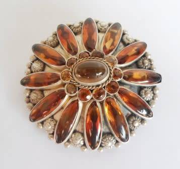 EXQUISITE!! LARGE VINTAGE STERLING SILVER & CABOCHON GOLDEN CITRINE BROOCH 25,7g WOW!! WOW!!