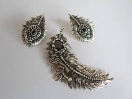 STUNNING!! NATURALIST STERLING SILVER & ONYX FEATHER & EARRING SET 13,2g WOW!!
