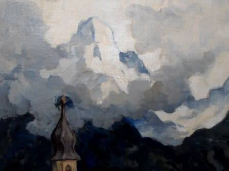 SPECTACULAR!! SIGNED GERMAN COUNTRY CHURCH OIL ON CANVAS CIRCA 1940's  690 X 610mm MASTERFUL PIECE!!