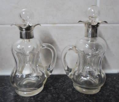 WOW!! RARE PAIR OF 1907 CHESTER SILVER TOPPED OLIVE OIL & BALSAMIC VINEGAR DIMPLE BOTTLES WOW!!