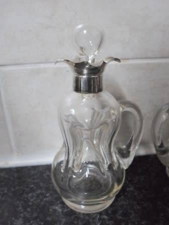 WOW!! RARE PAIR OF 1907 CHESTER SILVER TOPPED OLIVE OIL & BALSAMIC VINEGAR DIMPLE BOTTLES WOW!!