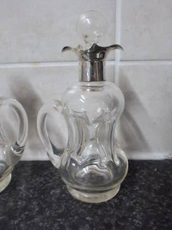WOW!! RARE PAIR OF 1907 CHESTER SILVER TOPPED OLIVE OIL & BALSAMIC VINEGAR DIMPLE BOTTLES WOW!!
