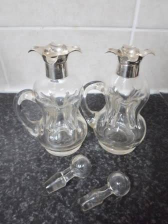 WOW!! RARE PAIR OF 1907 CHESTER SILVER TOPPED OLIVE OIL & BALSAMIC VINEGAR DIMPLE BOTTLES WOW!!