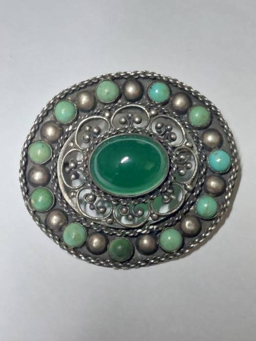 Antique Italy 800 silver turquoise & green stone brooch 8,4g Wow!!