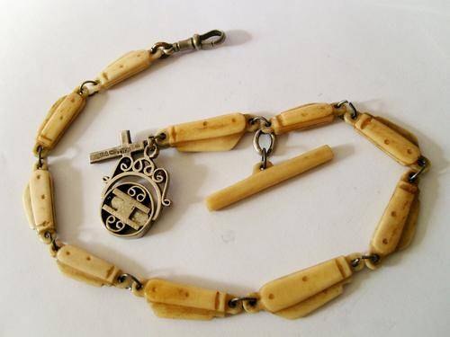 AMAZING!! BOER WAR POW BONE FOB CHAIN FROM CEYLON CIRCA 1901