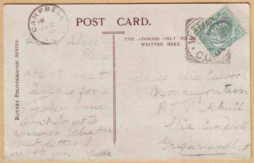 B90328 Cape of Good Hope 1908 WELLINGTON - CAMPBELL Griqualand card