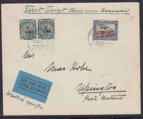 B160131 ROTO on 1st Flight to Upington South West Africa 1931 SG 68 stamp cat £45