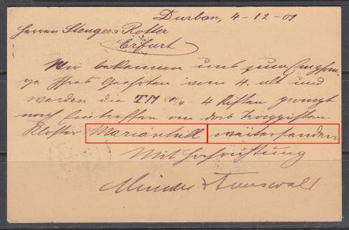 B180101 UNSENSORED Boer War Marionhil  Mission Natal 1901 to Germany