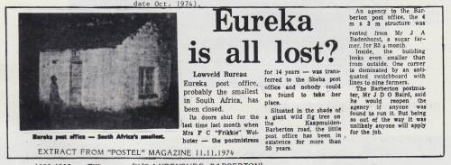 B170522 SMALLEST POST OFFICE in Transvaal 1909 EURIKA see details RR