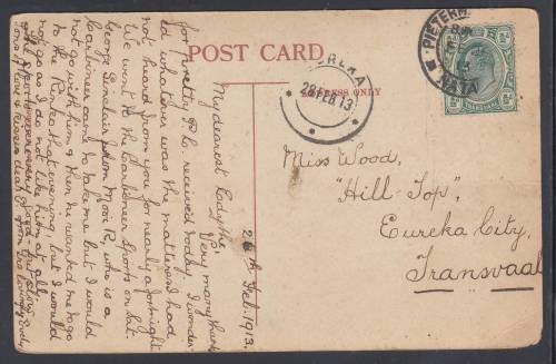 B170522 SMALLEST POST OFFICE in Transvaal 1909 EURIKA see details RR
