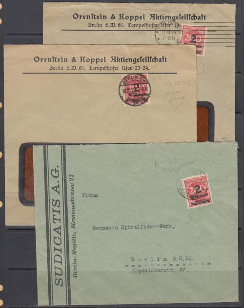 B190701 ADVERTISING envelopes Germany Inflation 1923 covers 10 day period x 3
