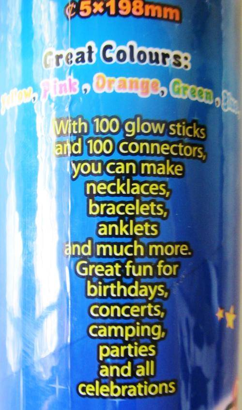 Perfect for the holiday season.100 Glowsticks with connectors. Colours:Yellow,pink,orange,green,blue