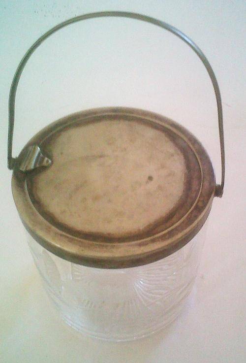Very old glass and metal koekie jar, with automatic flip-open handle lid.