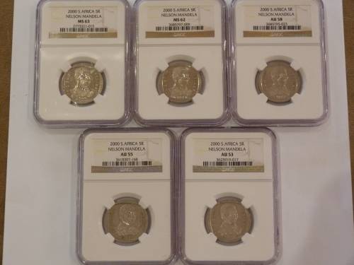 2000 SOUTH AFRICA R5 NELSON MANDELA SET 5 COINS (MS63,62,AU58,55,53) BID PER SET