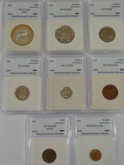 1978 SOUTH AFRICAN PR 70 DCAM COIN SET INCLUDES R1, 50C,20C,10C,5C,2C,1C,1/2C BID PER SET