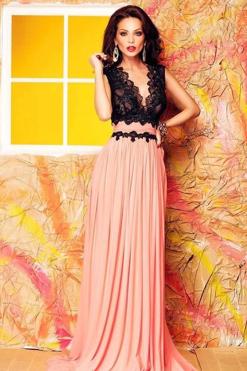 *DIVA RANGE* V Neck Lace Bodice Contrast Maxi Evening Dress