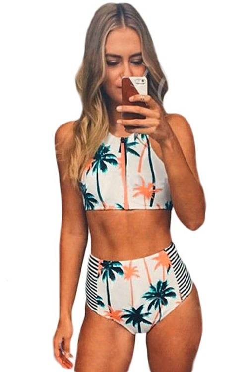 *DIVA RANGE* Palm Tree Printed Stripe High Waist Swimwear