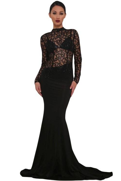 *DIVA RANGE* Black Glitter Lace Long Sleeve Maxi Evening Dress