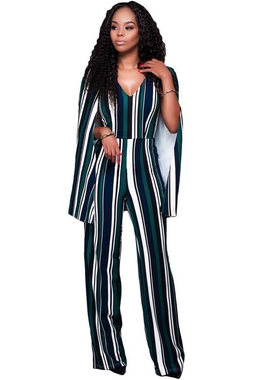 *DIVA RANGE* Green Blue Stripes Cape Jumpsuit