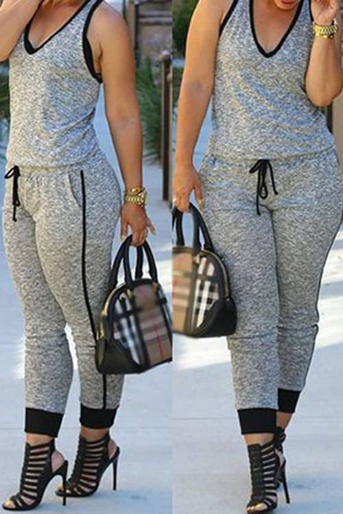 *WILD ROSE* Grey Drawstring Waist V Neck Sleeveless Jumpsuit - M/L/XL